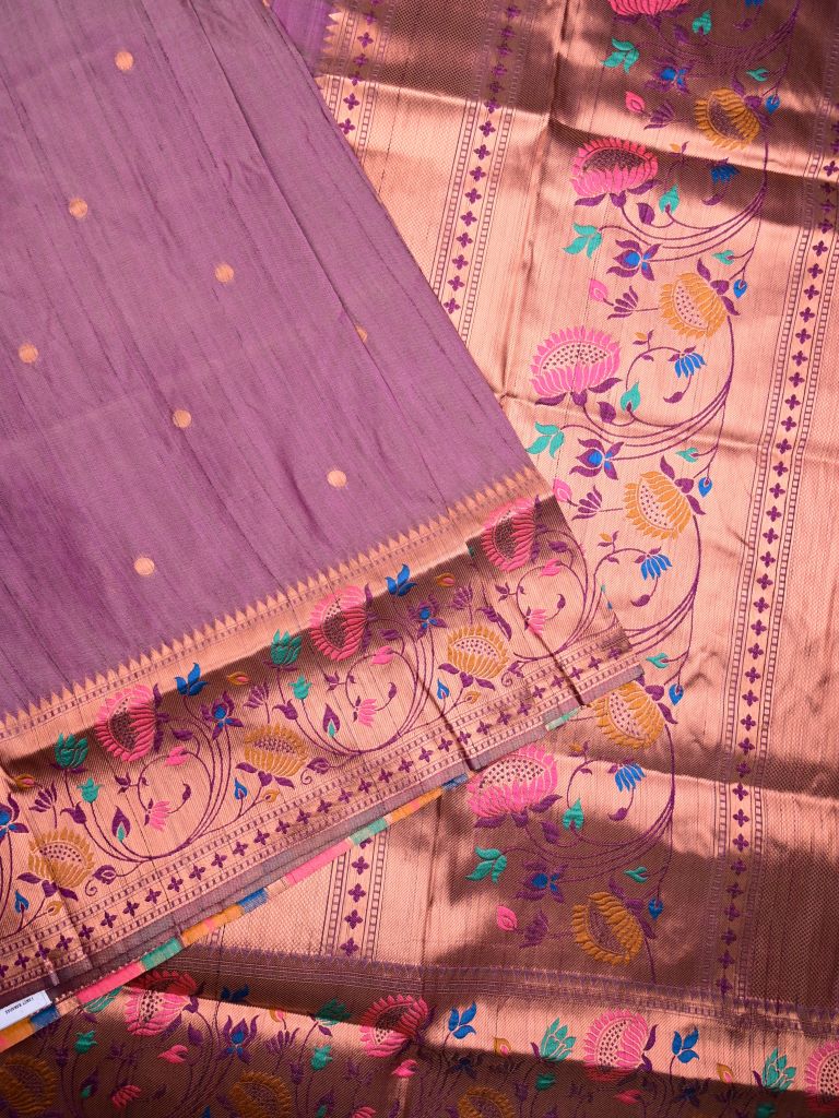 Banaras fancy saree purple color allover zari motifs & paithani border with paithani pallu and attached blouse