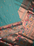 Banaras fancy saree lux green color allover zari motifs & paithani border with paithani pallu and attached blouse