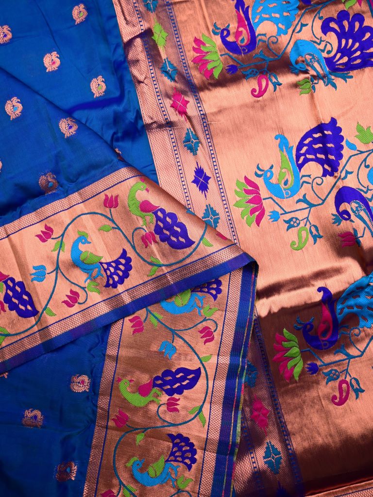 Banaras fancy saree sky blue color allover zari motifs & paithani border with paithani pallu and attached blouse