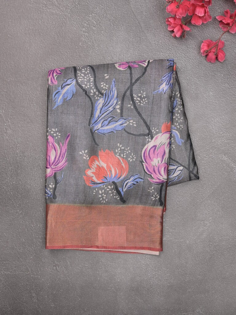 Tussar fancy saree grey color allover prints & small kaddi border with short pallu and attached printed blouse