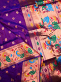 Banaras fancy saree violet color allover zari motifs & paithani border with paithani pallu and attached blouse