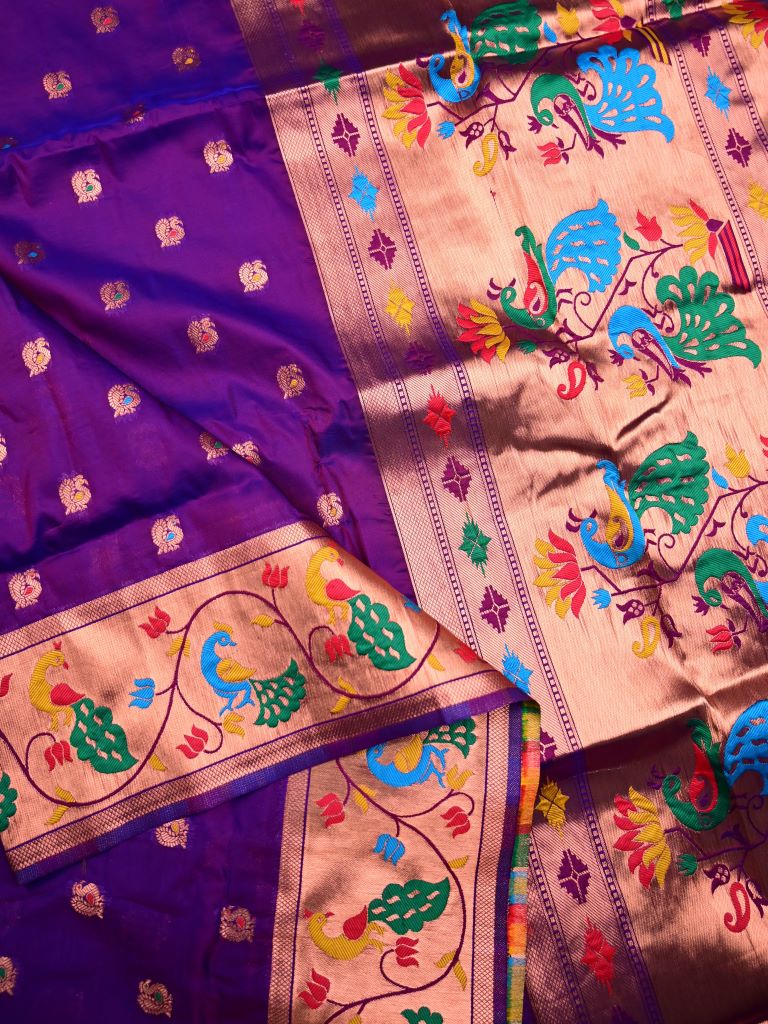 Banaras fancy saree violet color allover zari motifs & paithani border with paithani pallu and attached blouse