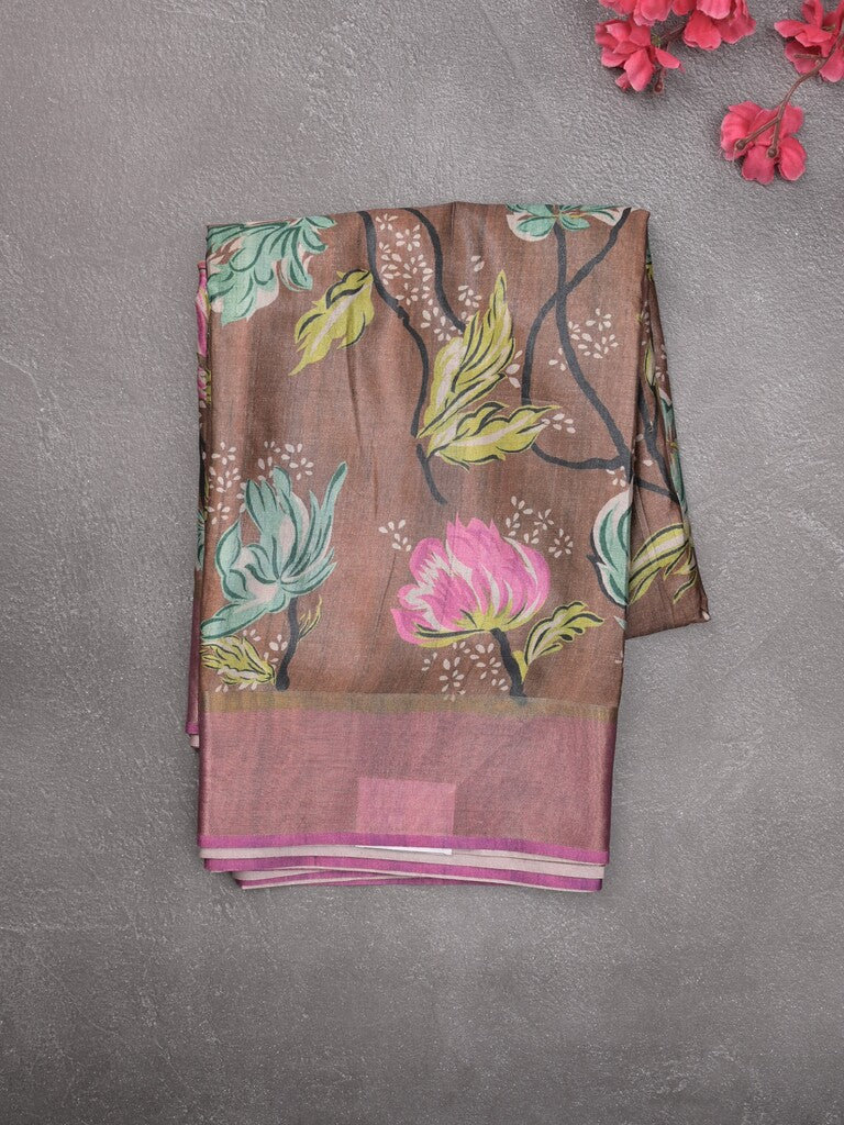 Tussar fancy saree brown color allover prints & small kaddi border with short pallu and attached printed blouse