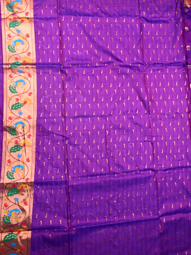 Banaras fancy saree violet color allover zari motifs & paithani border with paithani pallu and attached blouse