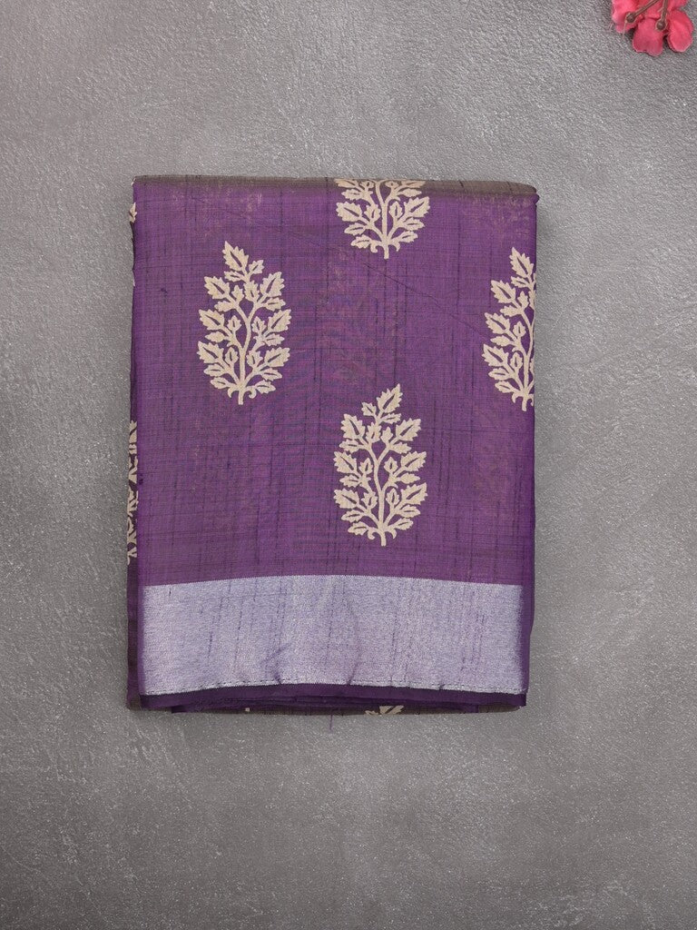 Dupion fancy saree dark purple color allover motifs & small kaddi border with short pallu and attached plain blouse