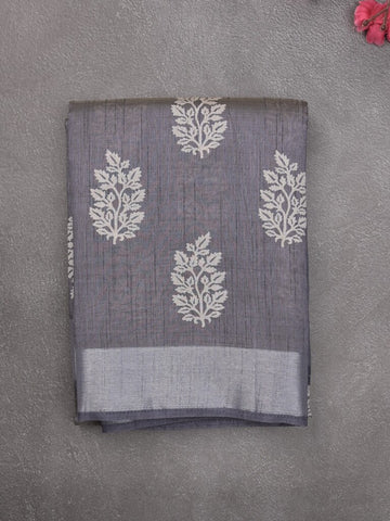 Dupion fancy saree grey color allover motifs & small kaddi border with short pallu and attached plain blouse