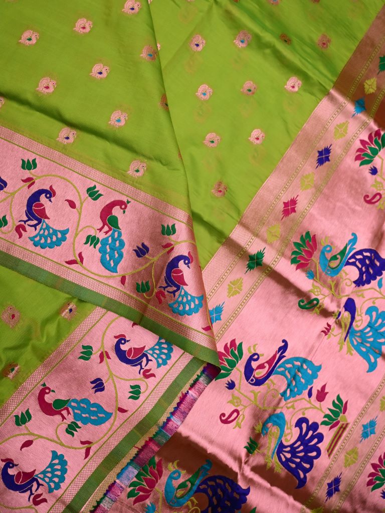 Banaras fancy saree parrot green color allover zari motifs & paithani border with paithani pallu and attached blouse