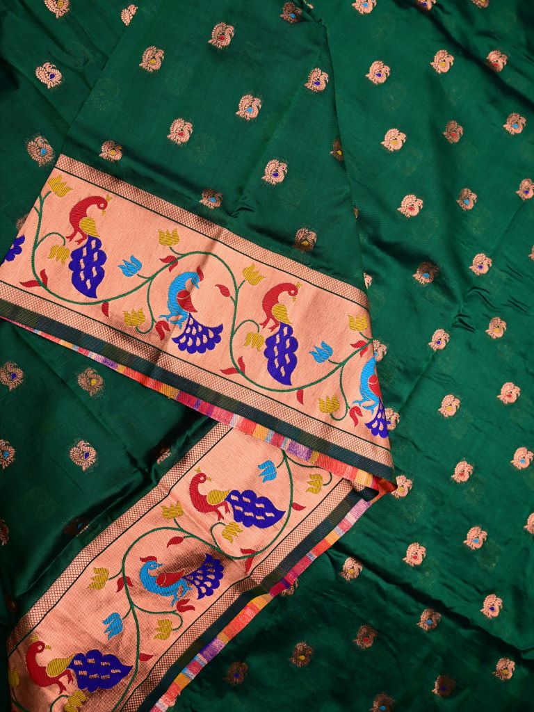 Banaras fancy saree bottle green color allover zari motifs & paithani border with paithani pallu and attached blouse