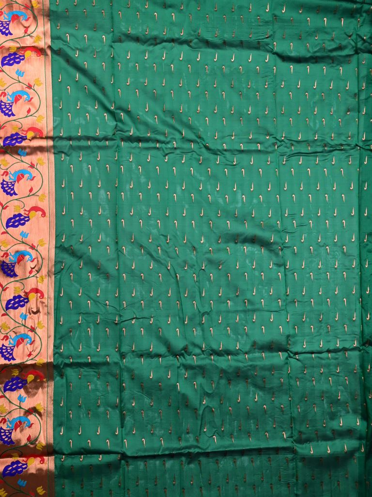 Banaras fancy saree bottle green color allover zari motifs & paithani border with paithani pallu and attached blouse