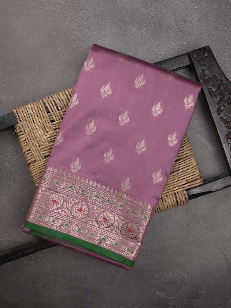 Banaras fancy saree light purple color allover zari motifs & zari border with rich pallu and contrast plain blouse