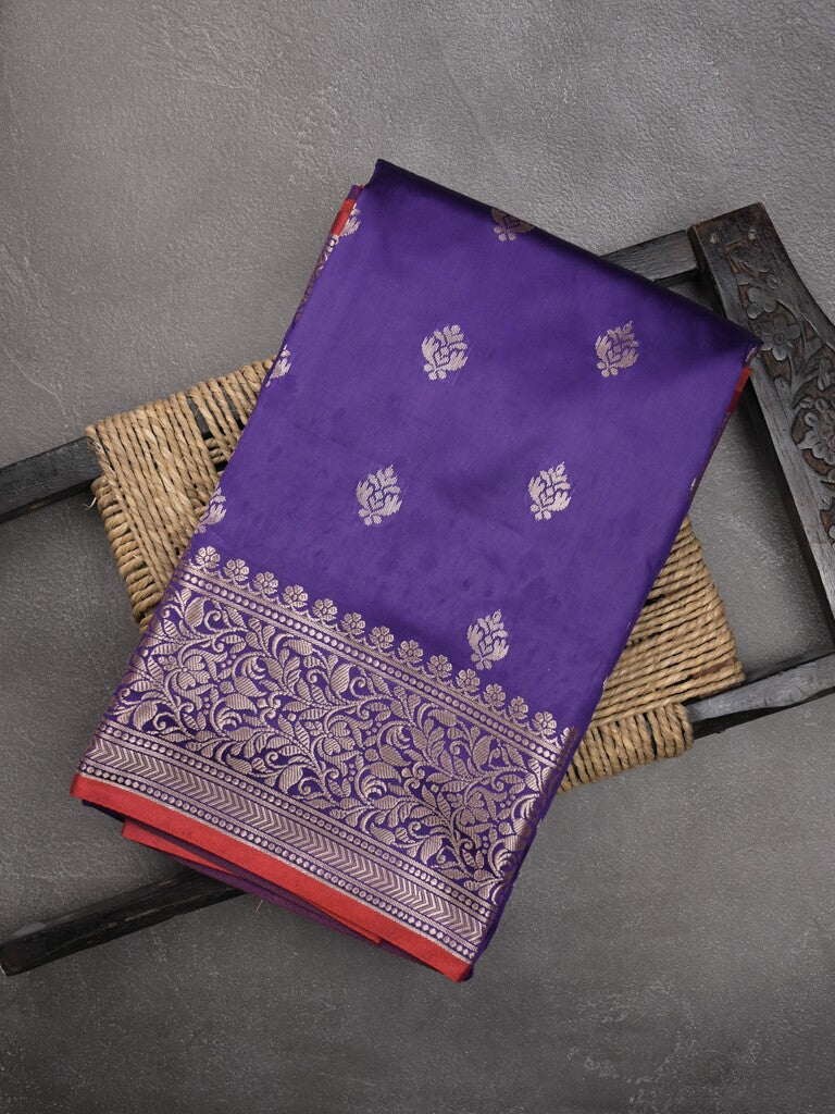 Banaras fancy saree navy blue color allover zari motifs & zari border with rich pallu and contrast plain blouse