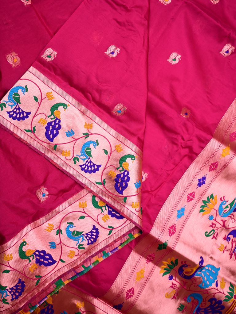 Banaras fancy saree pink color allover zari motifs & paithani border with paithani pallu and attached blouse