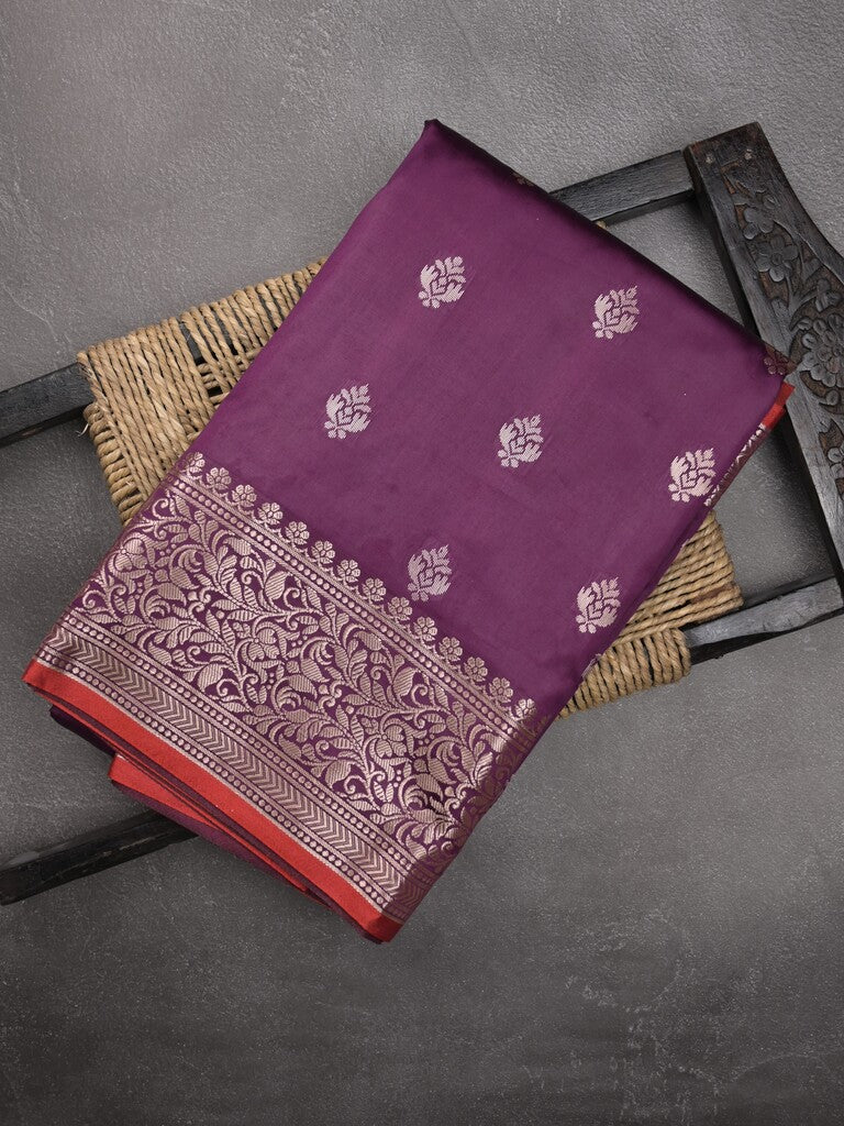 Banaras fancy saree purple color allover zari motifs & zari border with rich pallu and contrast plain blouse