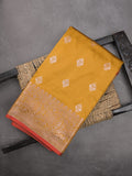 Banaras fancy saree golden yellow color allover zari motifs & zari border with rich pallu and contrast plain blouse