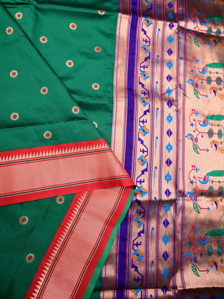 Banaras fancy saree bottle green color allover zari motifs & zari border with paithani pallu and attached contrast blouse