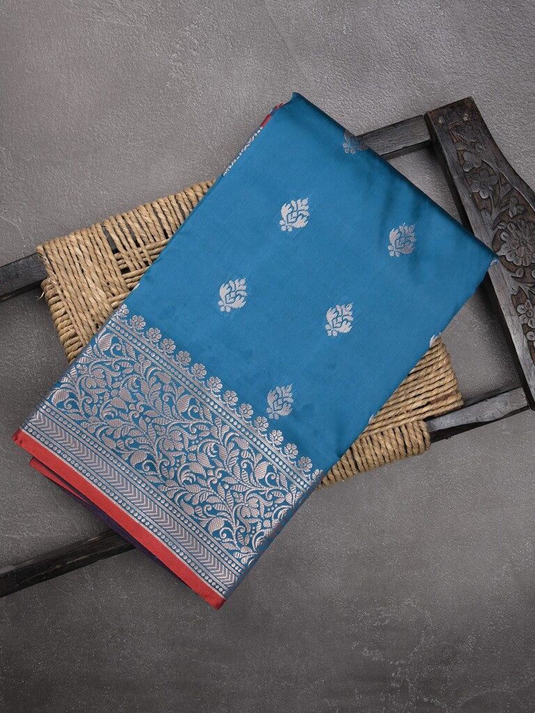 Banaras fancy saree sky blue color allover zari motifs & zari border with rich pallu and contrast plain blouse