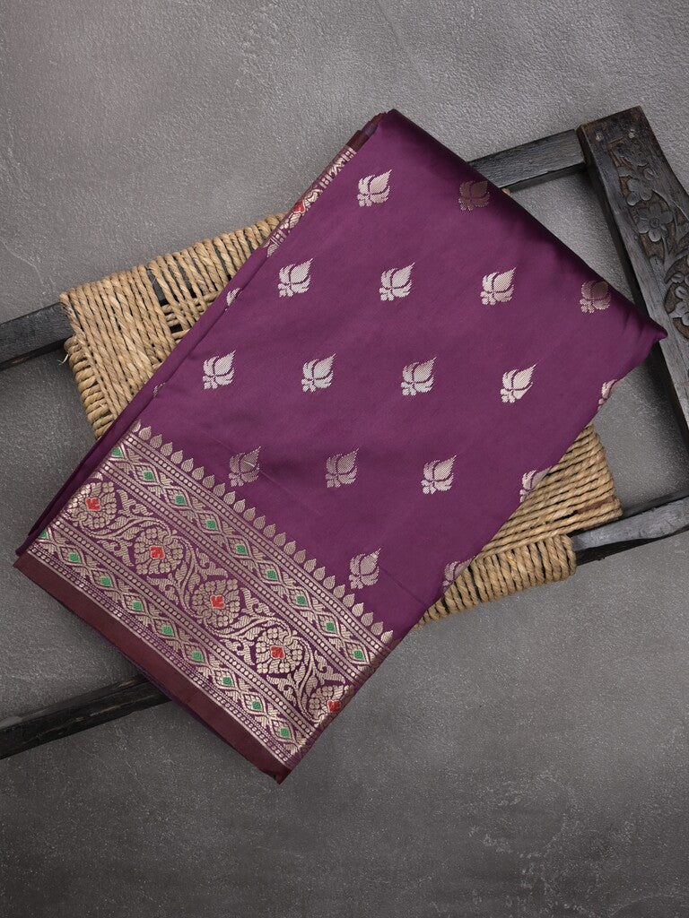 Banaras fancy saree purple color allover zari motifs & zari border with rich pallu and contrast plain blouse