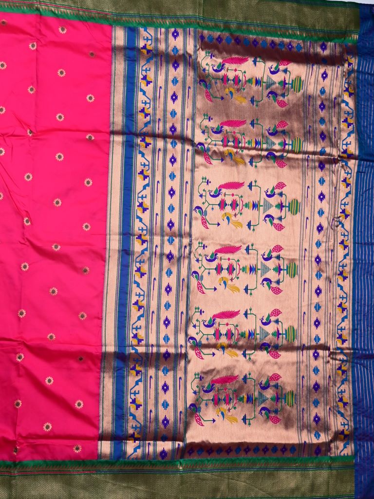 Banaras fancy saree pink color allover zari motifs & zari border with paithani pallu and attached contrast blouse