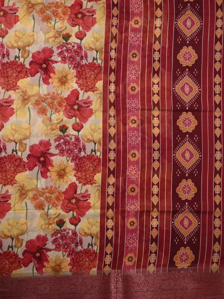 Organza saree cream and red color with allover floral digital prints, small zari border, short pallu and printed blouse