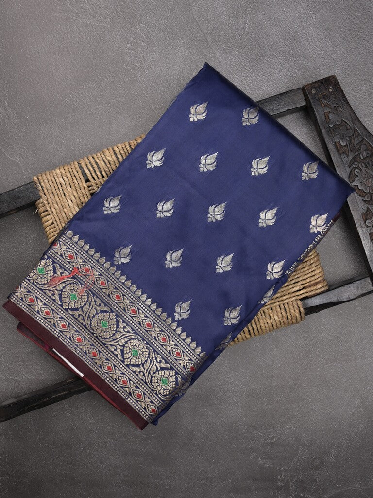 Banaras fancy saree navy blue color allover zari motifs & zari border with rich pallu and contrast plain blouse