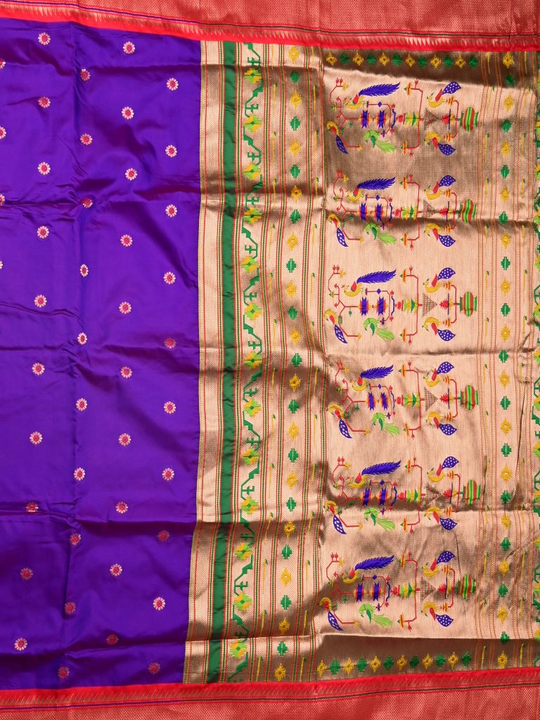 Banaras fancy saree royal blue color allover zari motifs & zari border with paithani pallu and attached contrast blouse