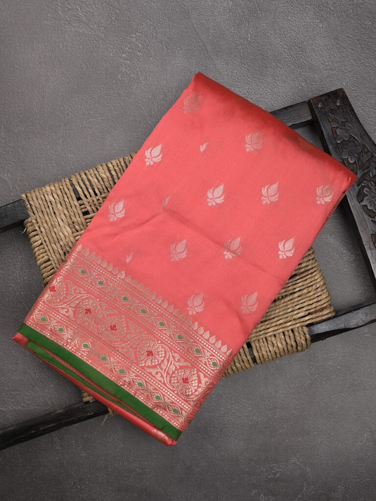 Banaras fancy saree peach color allover zari motifs & zari border with rich pallu and contrast plain blouse