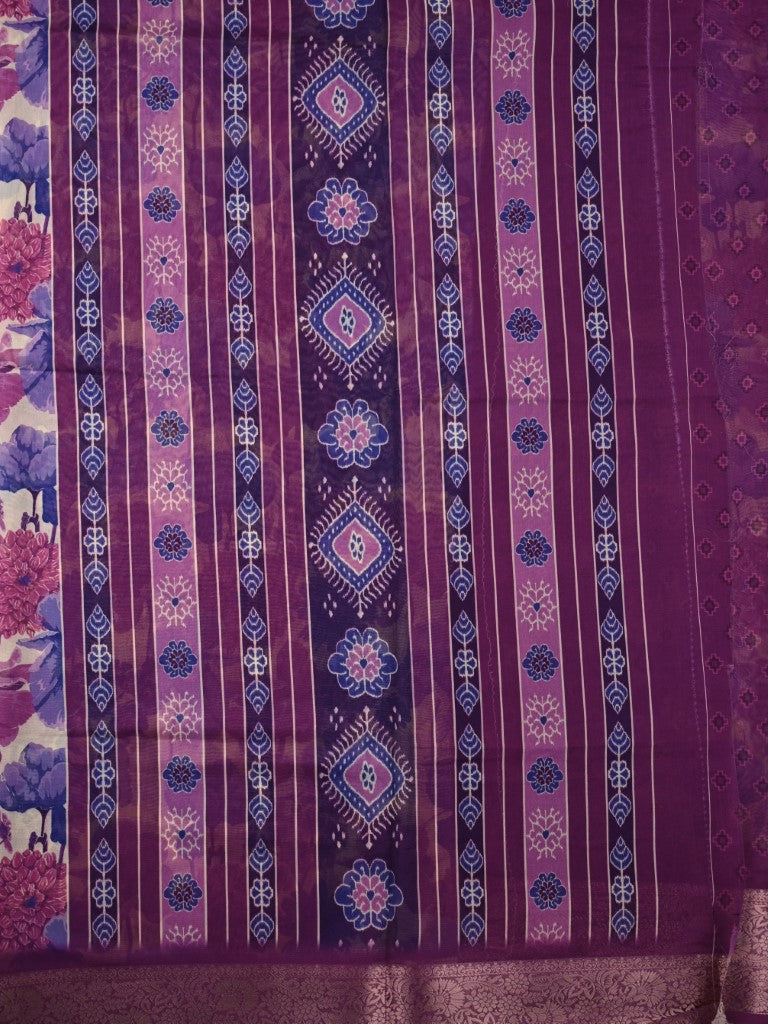 Organza saree cream and purple color with allover floral digital prints, small zari border, short pallu and printed blouse