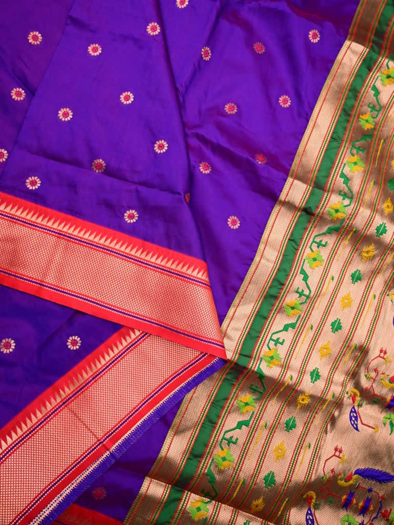 Banaras fancy saree royal blue color allover zari motifs & zari border with paithani pallu and attached contrast blouse