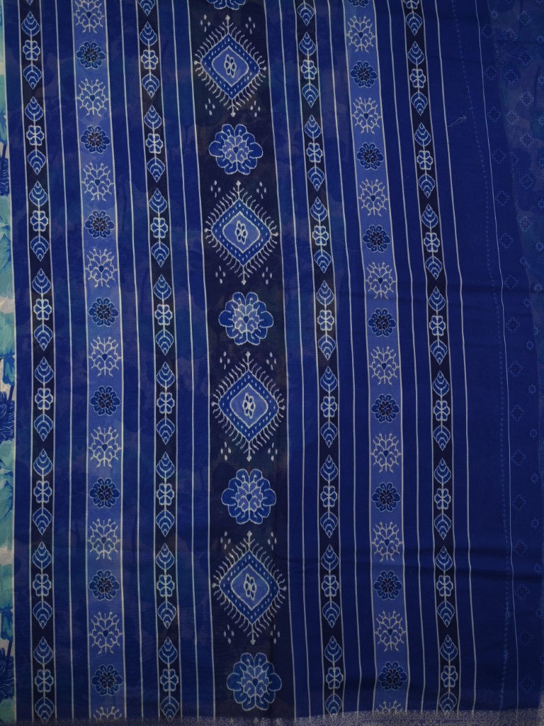 Organza saree cream and blue color with allover floral digital prints, small zari border, short pallu and printed blouse