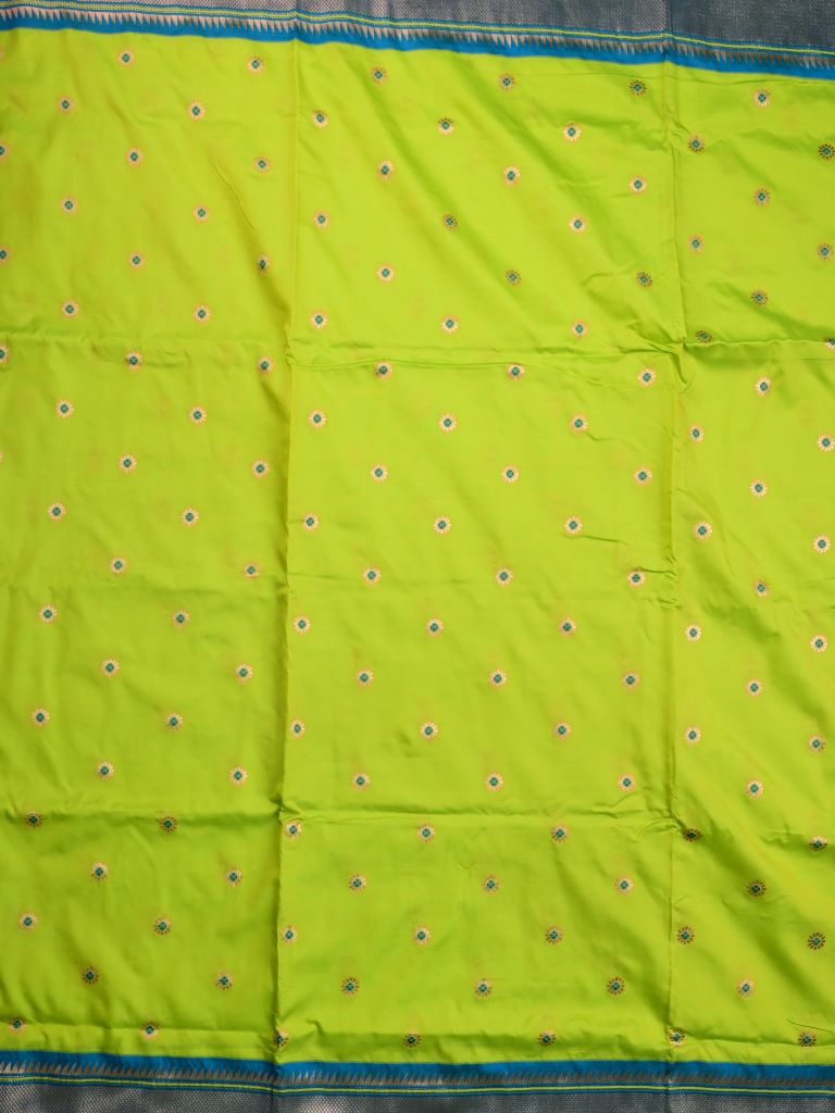 Banaras fancy saree parrot green color allover zari motifs & zari border with paithani pallu and attached contrast blouse