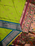 Banaras fancy saree parrot green color allover zari motifs & zari border with paithani pallu and attached contrast blouse