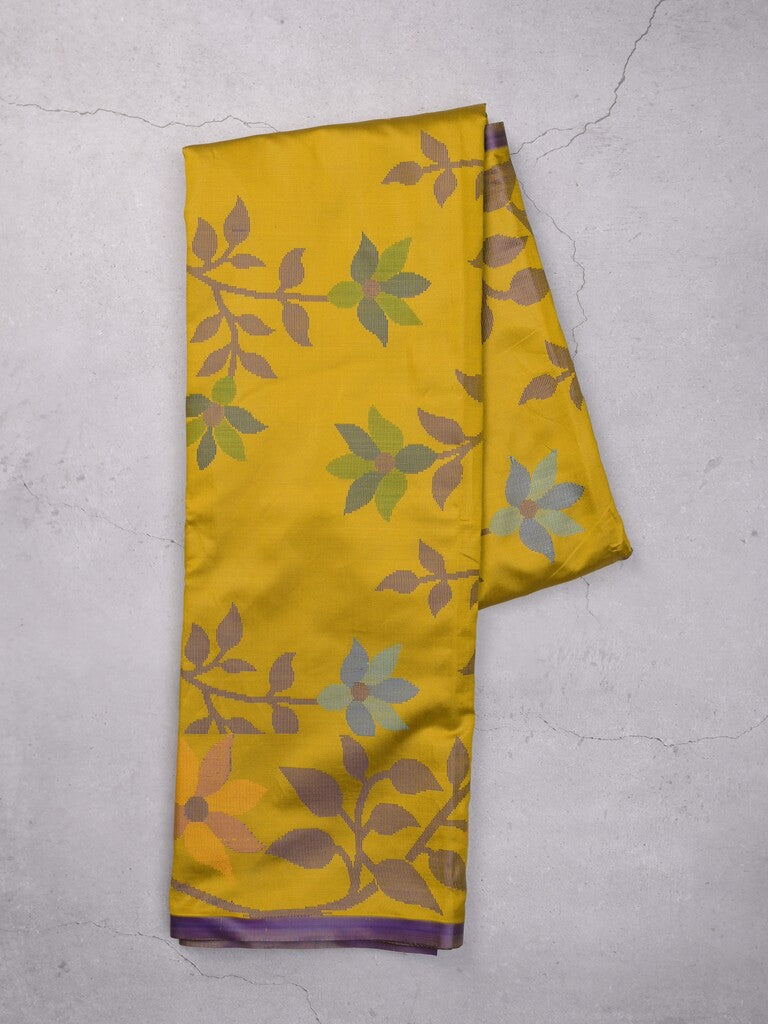 Fancy pattu saree golden yellow color allover weaves & small border with self pallu and attached blouse