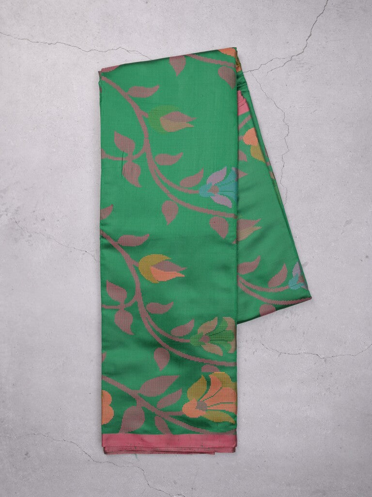 Fancy pattu saree leaf green color allover weaves & small border with self pallu and attached blouse