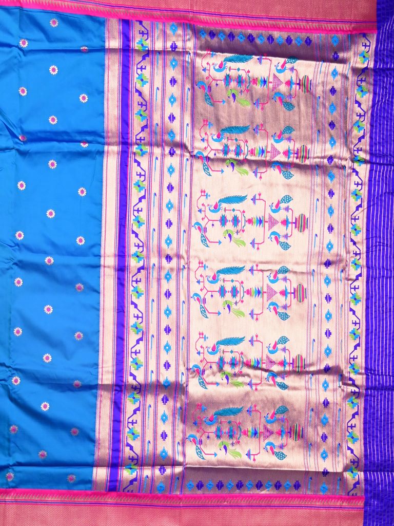 Banaras fancy saree sky blue color allover zari motifs & zari border with paithani pallu and attached contrast blouse