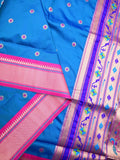 Banaras fancy saree sky blue color allover zari motifs & zari border with paithani pallu and attached contrast blouse