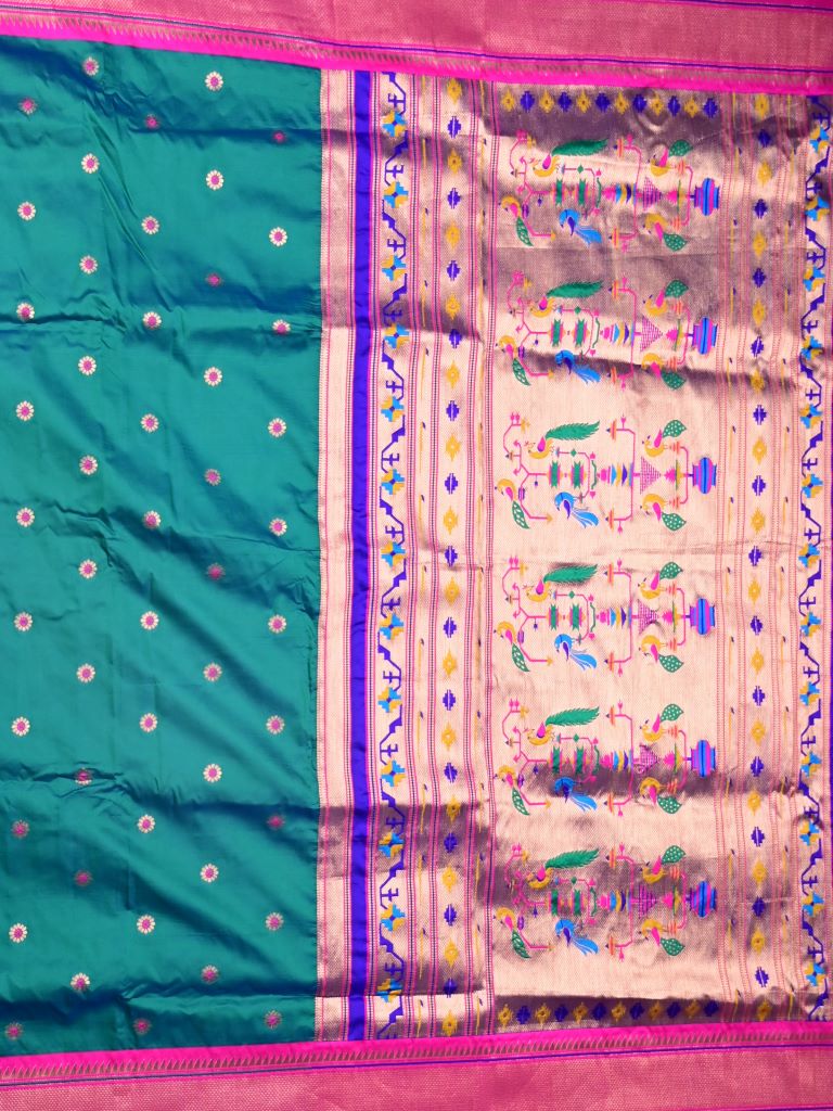 Banaras fancy saree peacock green color allover zari motifs & zari border with paithani pallu and attached contrast blouse