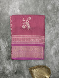 Chiffon fancy saree wine color allover prints & zari border with printed pallu and printedd blouse