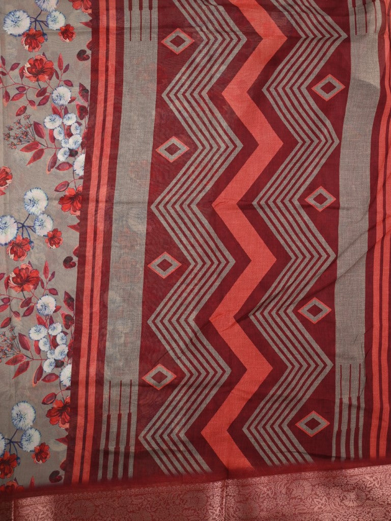 Organza saree grey and red color with allover floral digital prints, small zari border, short pallu and printed blouse