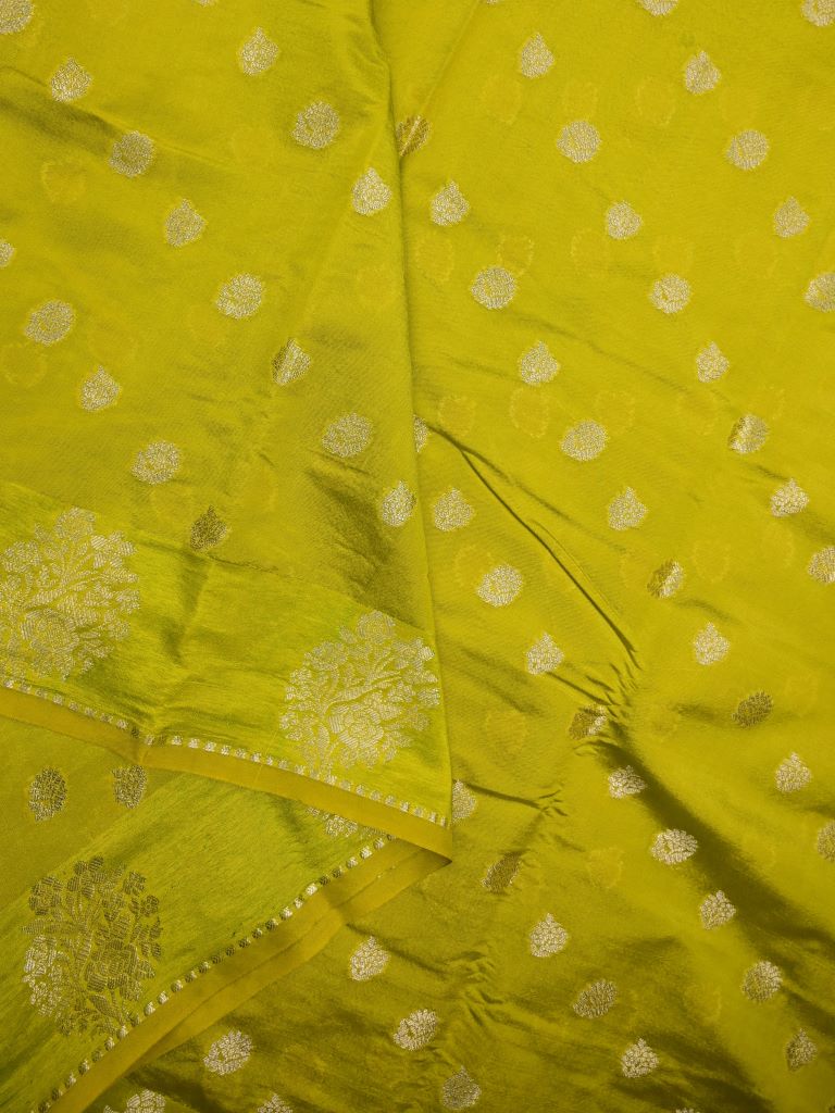 Chiniya silk fancy saree lime green color allover zari motifs & zari border with short pallu and attached brocade blouse