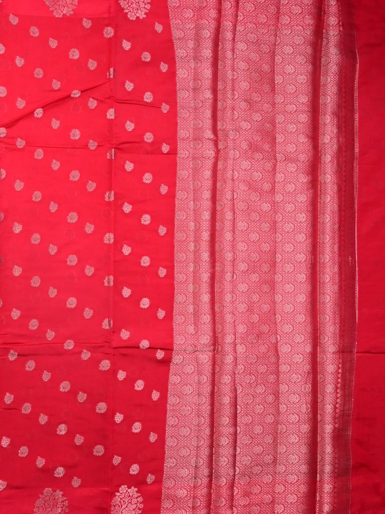 Chiniya silk fancy saree red color allover zari motifs & zari border with short pallu and attached brocade blouse