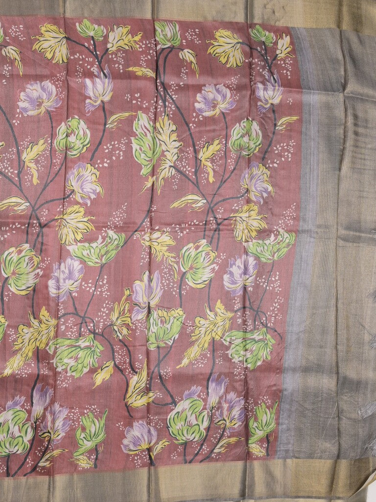 Tussar fancy saree brown color allover prints & small kaddi border with short pallu and attached printed blouse