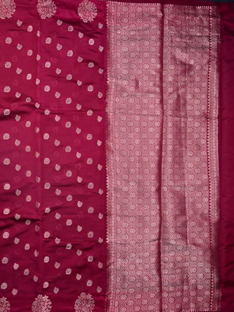 Chiniya silk fancy saree maroon color allover zari motifs & zari border with short pallu and attached brocade blouse