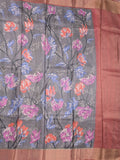 Tussar fancy saree grey color allover prints & small kaddi border with short pallu and attached printed blouse