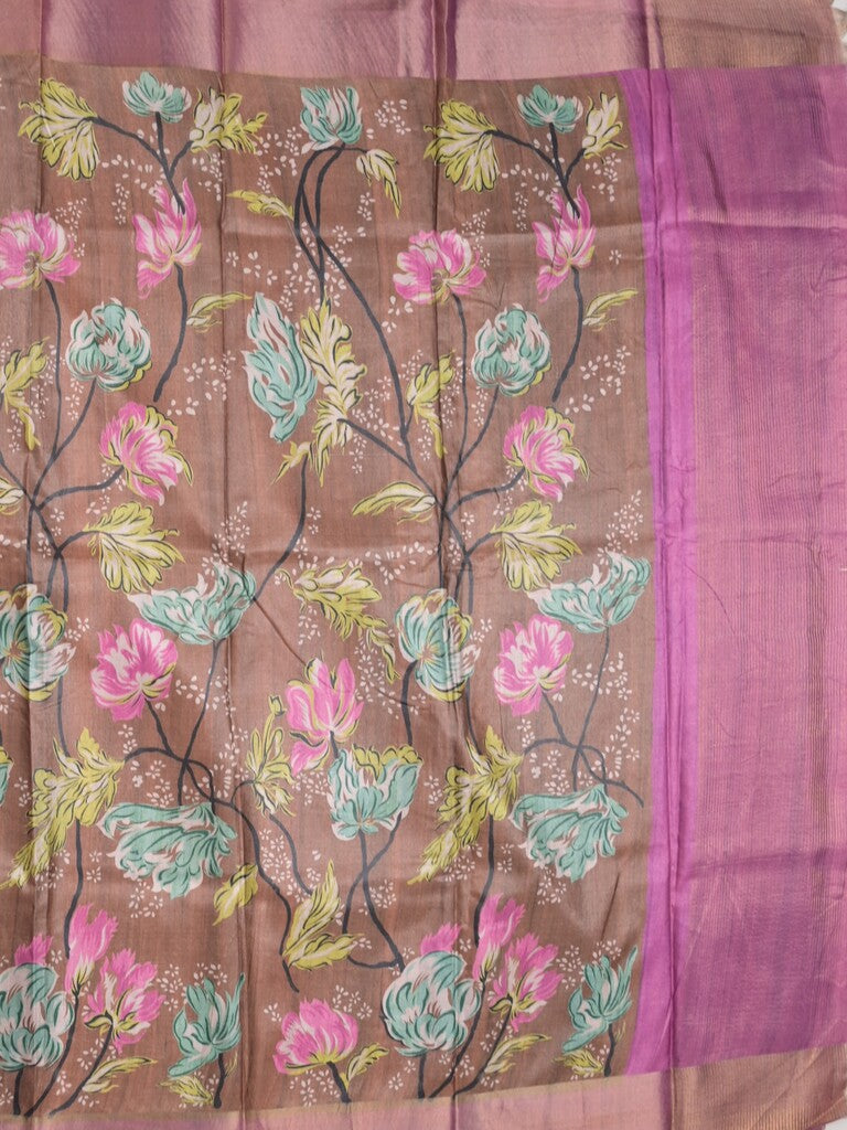 Tussar fancy saree brown color allover prints & small kaddi border with short pallu and attached printed blouse