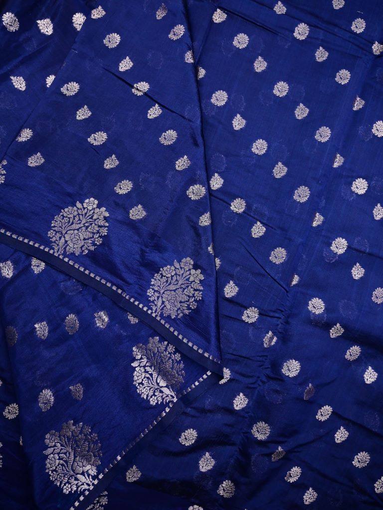 Chiniya silk fancy saree navy blue color allover zari motifs & zari border with short pallu and attached brocade blouse