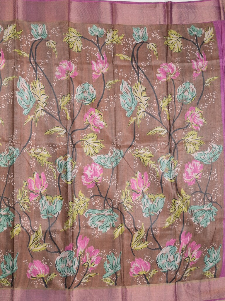 Tussar fancy saree brown color allover prints & small kaddi border with short pallu and attached printed blouse