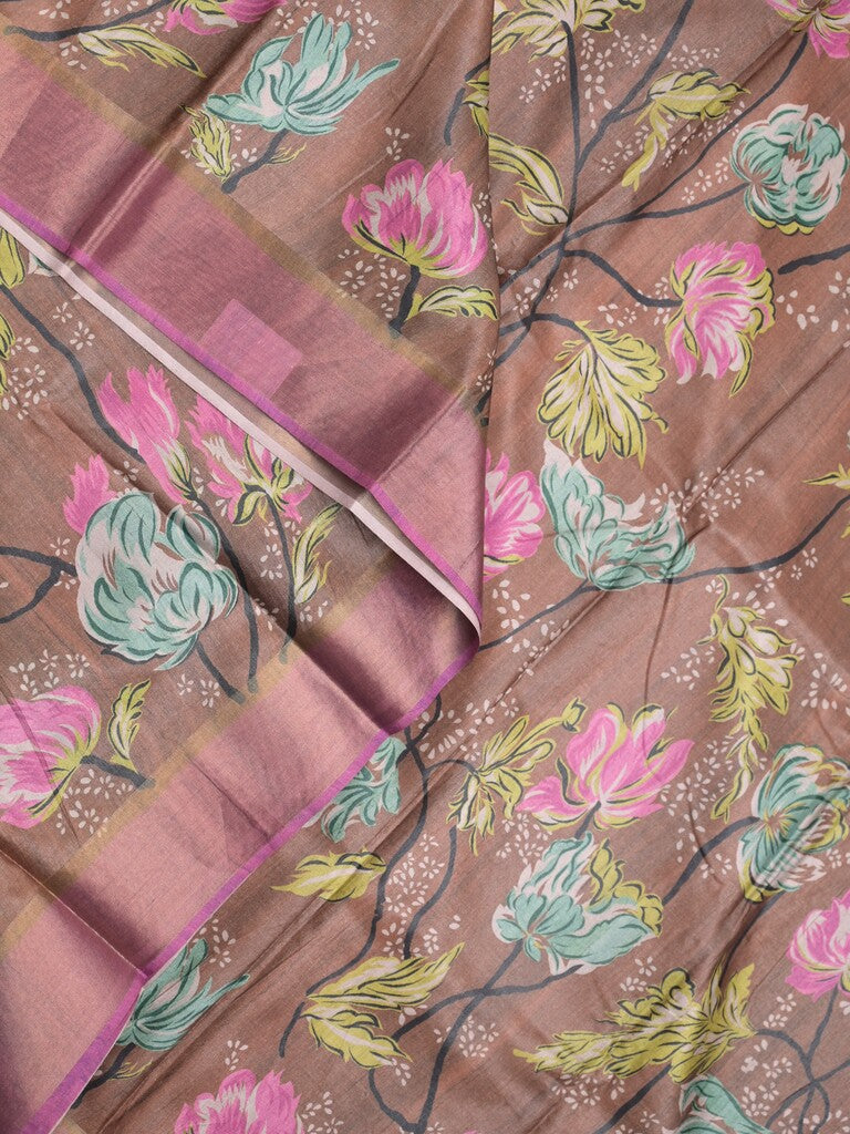 Tussar fancy saree brown color allover prints & small kaddi border with short pallu and attached printed blouse