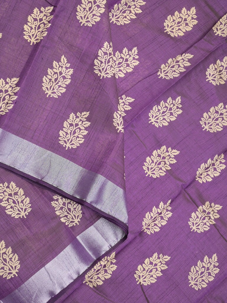 Dupion fancy saree dark purple color allover motifs & small kaddi border with short pallu and attached plain blouse