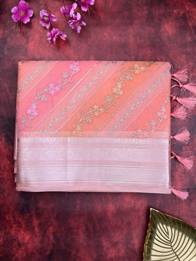 Organza fancy saree baby pink color allover embroidery & zari border with short zari pallu and attached plain blouse