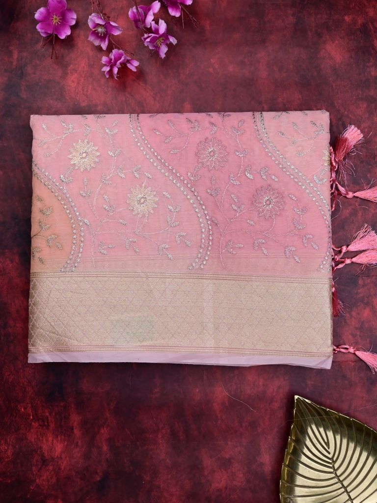 Organza fancy saree baby pink color allover embroidery & zari border with short zari pallu and attached plain blouse